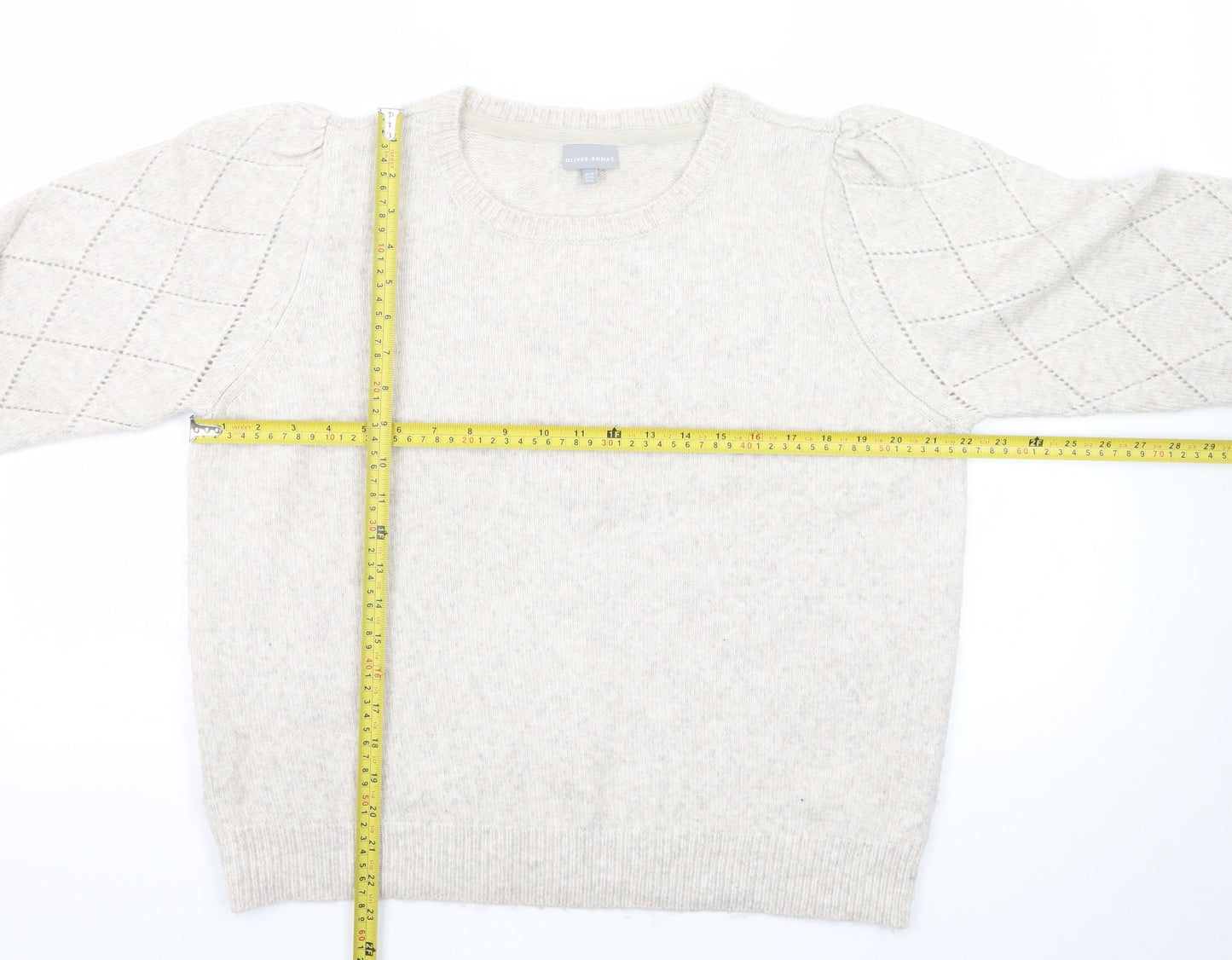 Oliver Bonas Women Beige Puff Sleeve Jumper UK 18 Wool Blend