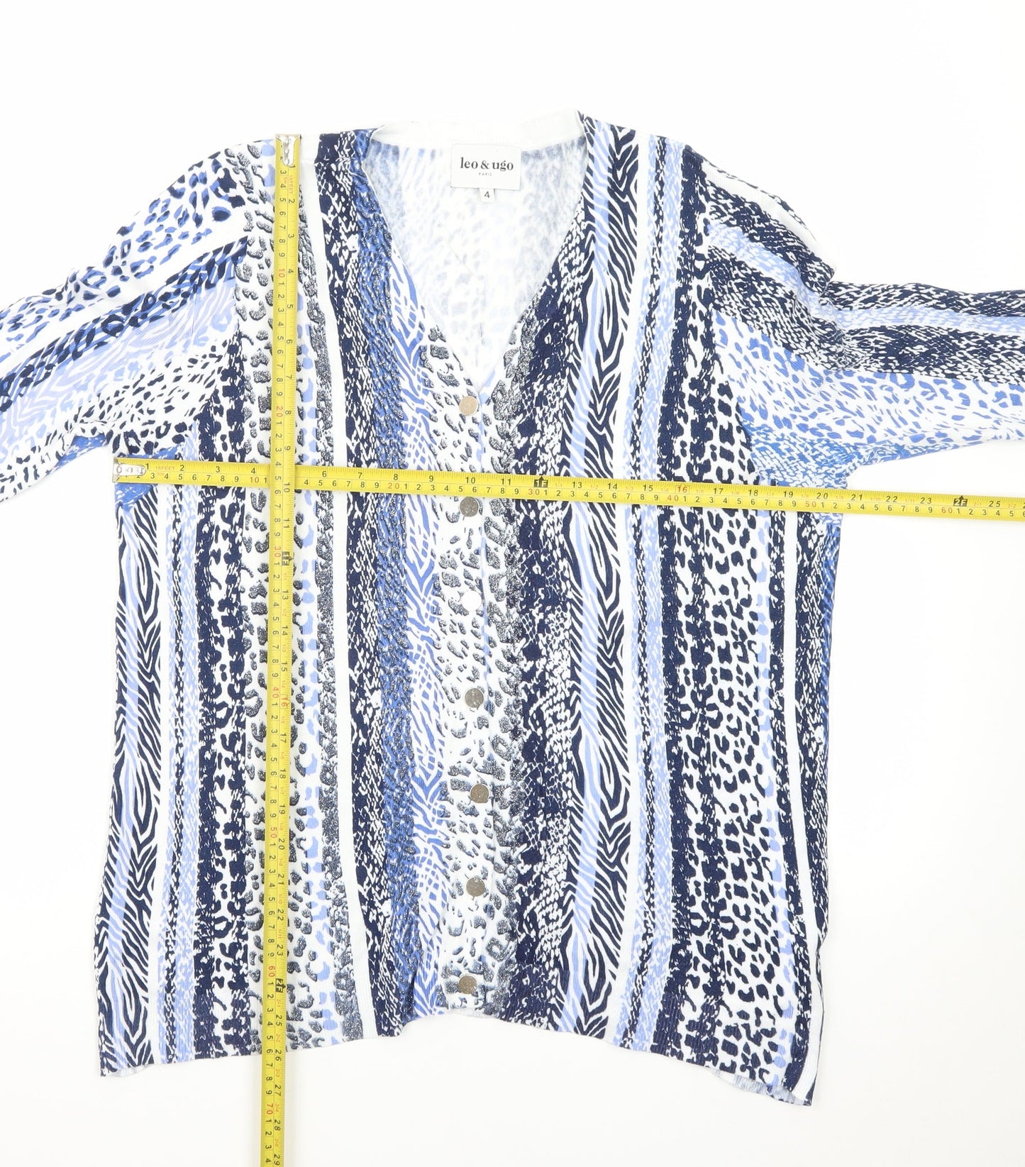 Leo & Ugo Women’s Blue Animal Print V-Neck 3/4 Sleeve Cardigan L