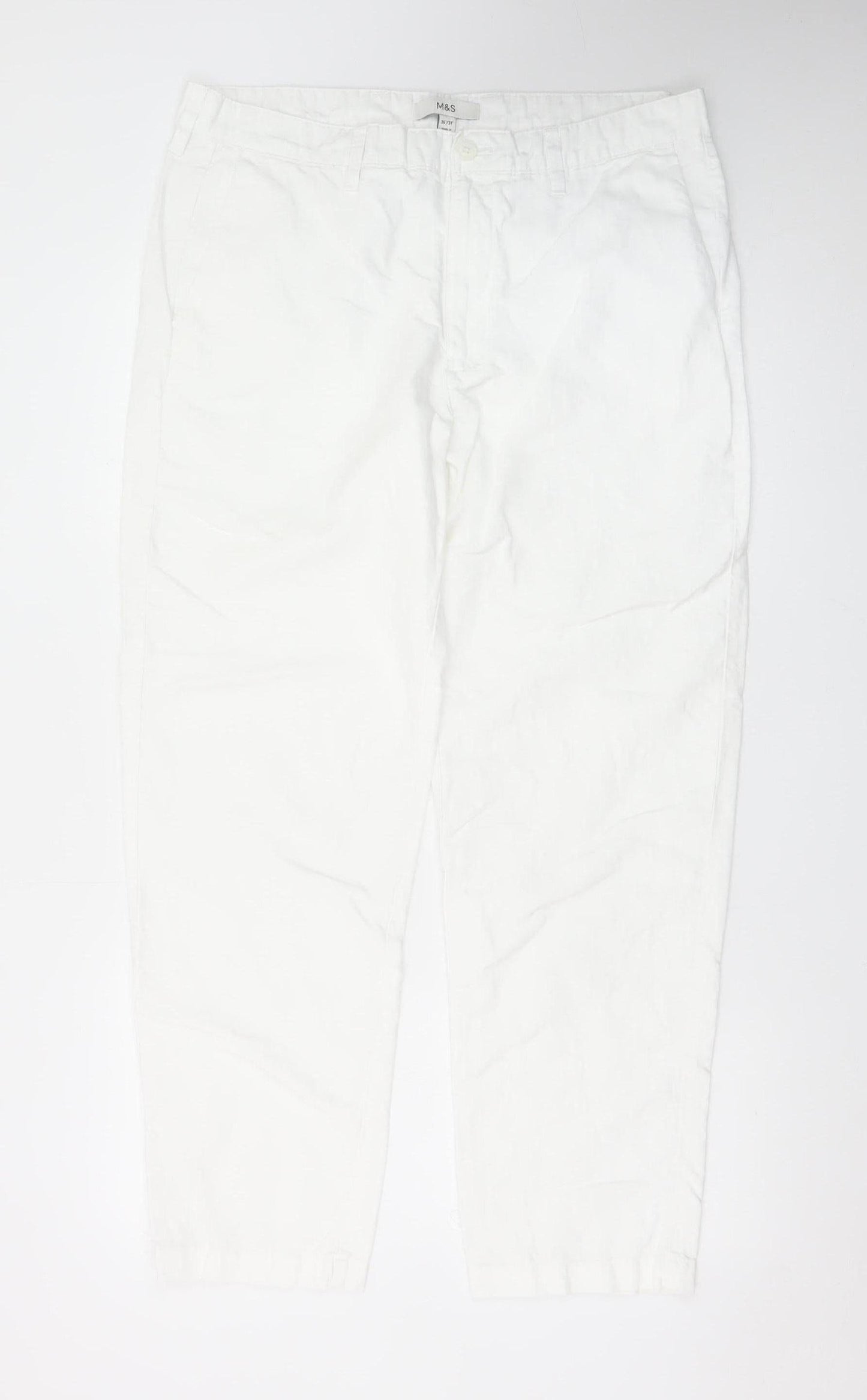 Marks and Spencer Women White Linen Blend Tapered Trousers Size 36/31