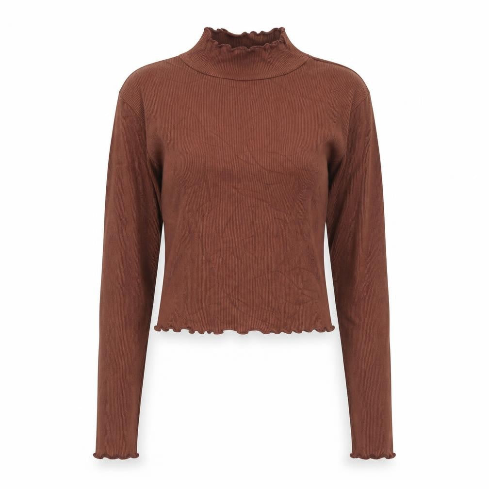 Pull&Bear Women Brown Mock Neck Cropped Long Sleeve Top Size 8