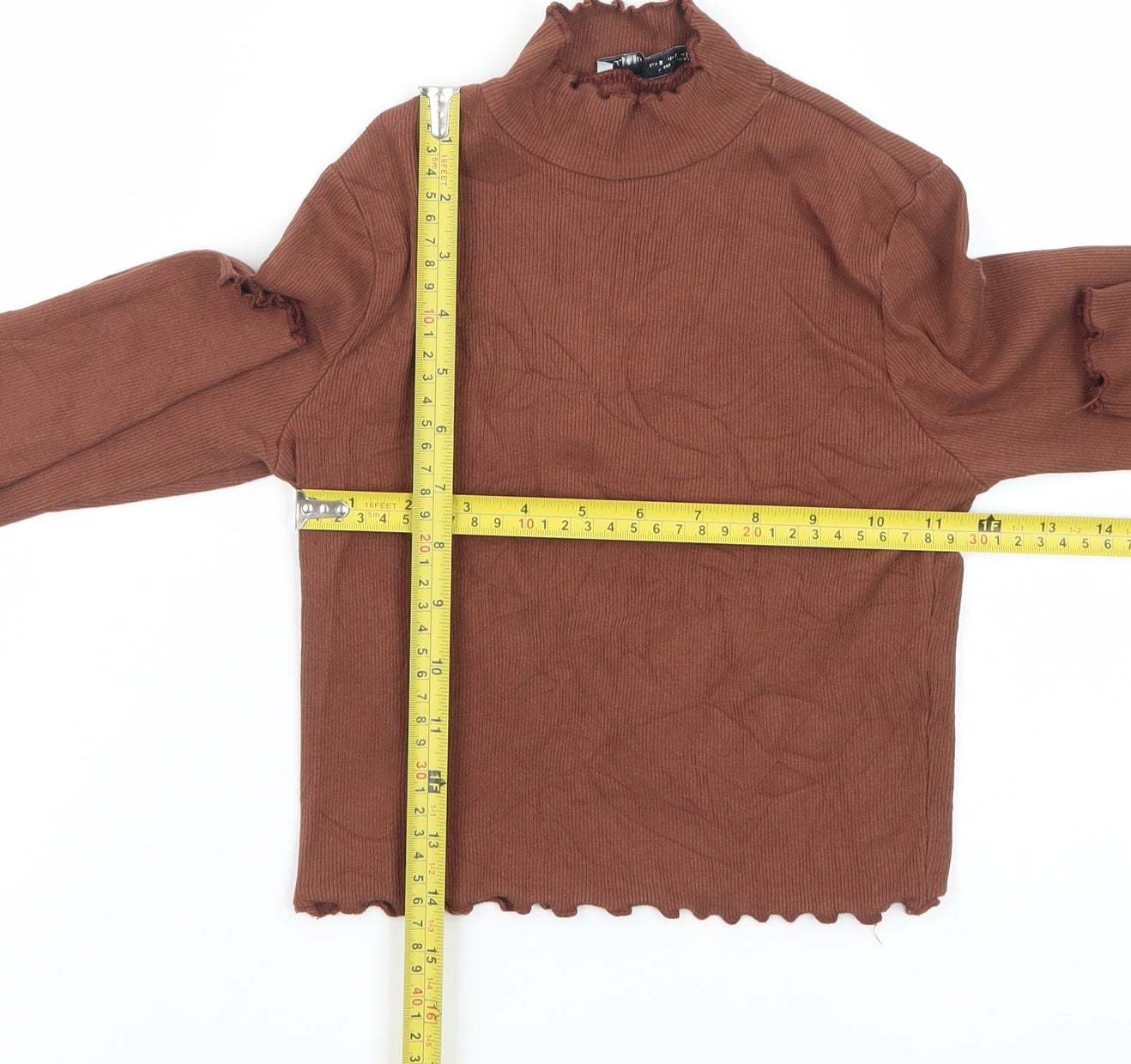 Pull&Bear Women Brown Mock Neck Cropped Long Sleeve Top Size 8