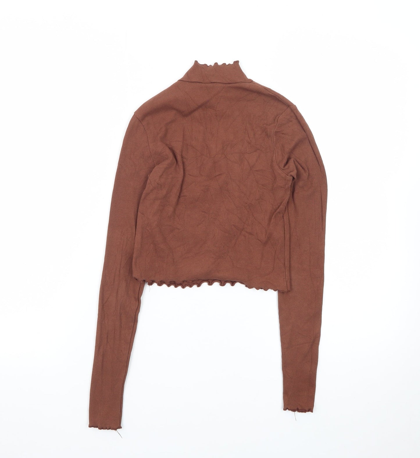 Pull&Bear Women Brown Mock Neck Cropped Long Sleeve Top Size 8