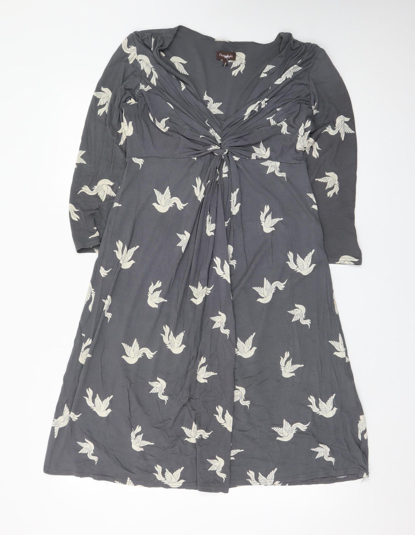 Phase Eight Women's Grey Bird Print V-Neck A-Line Dress Size 10