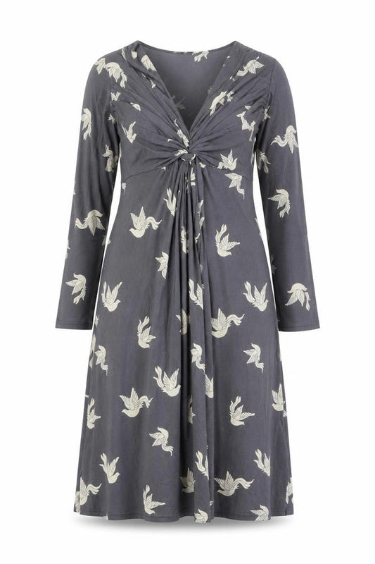 Phase Eight Women's Grey Bird Print V-Neck A-Line Dress Size 10