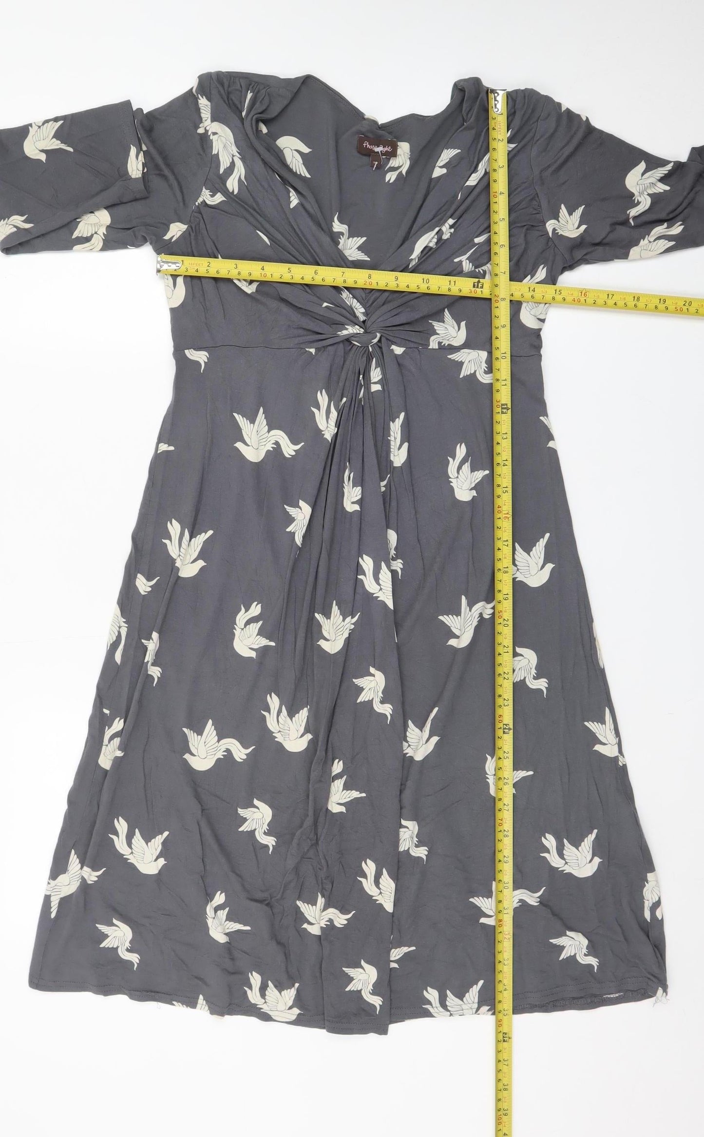 Phase Eight Women's Grey Bird Print V-Neck A-Line Dress Size 10