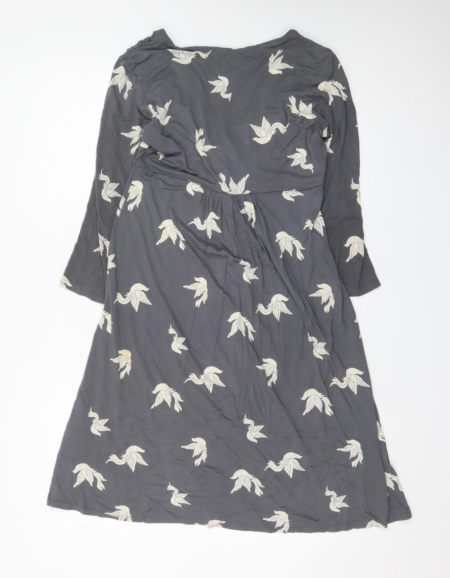 Phase Eight Women's Grey Bird Print V-Neck A-Line Dress Size 10