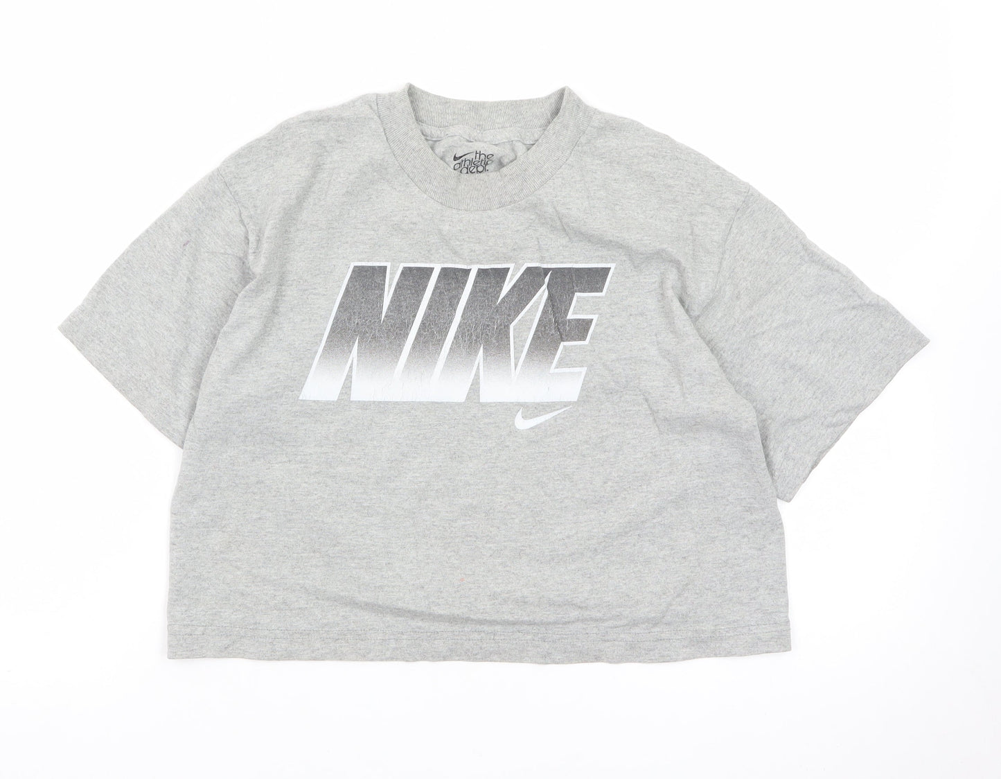 Nike Women Grey Cropped Sports T-Shirt L Short Sleeve Cotton Blend