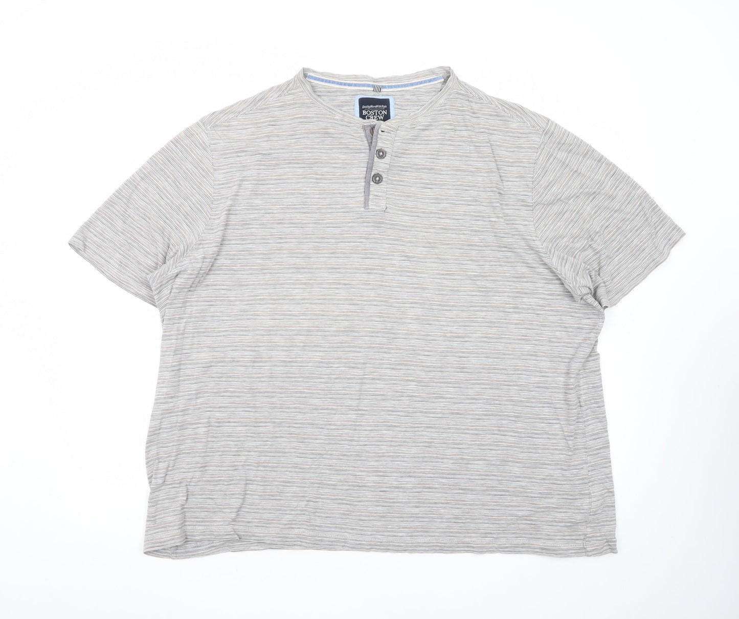 Boston Crew Men's Beige Striped Henley Short Sleeve Cotton T-Shirt 3XL