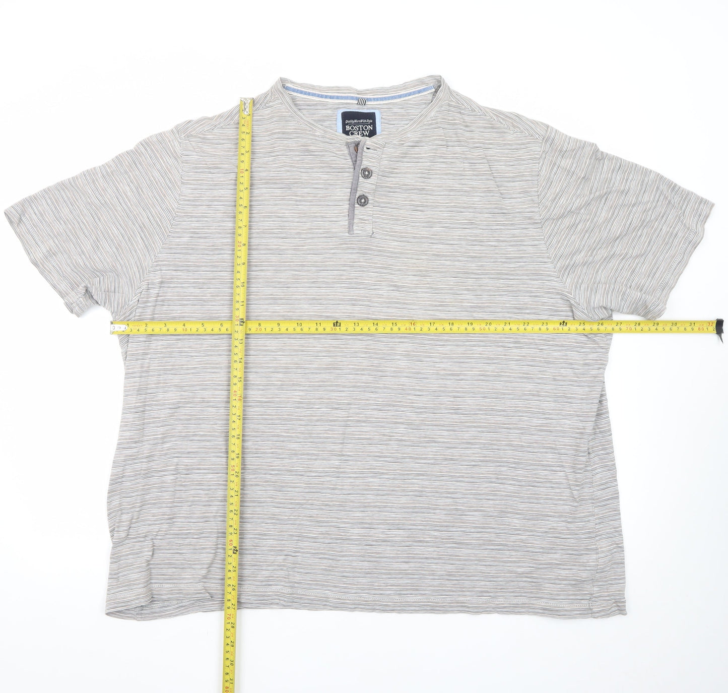 Boston Crew Men's Beige Striped Henley Short Sleeve Cotton T-Shirt 3XL