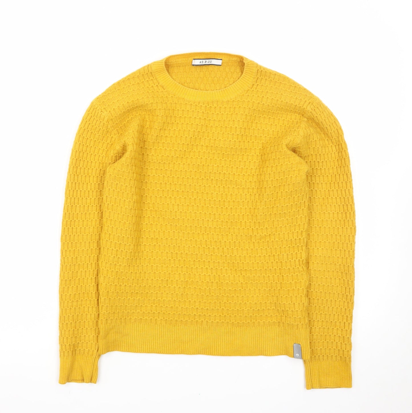 AT.P.CO Men's Yellow Waffle Knit Wool Pullover Jumper Size S