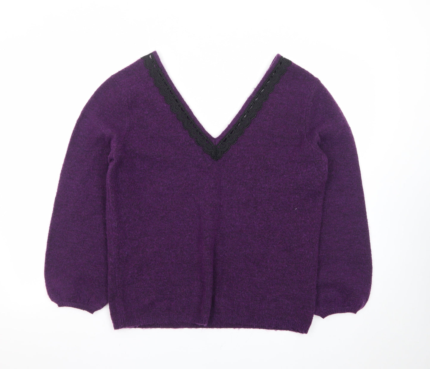 Monsoon Women’s Purple Wool V-Neck Lace Trim Jumper M