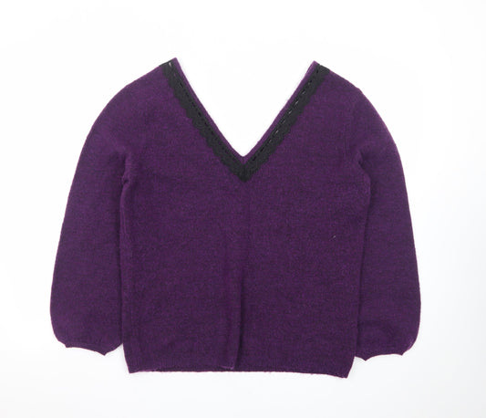 Monsoon Women’s Purple Wool V-Neck Lace Trim Jumper M