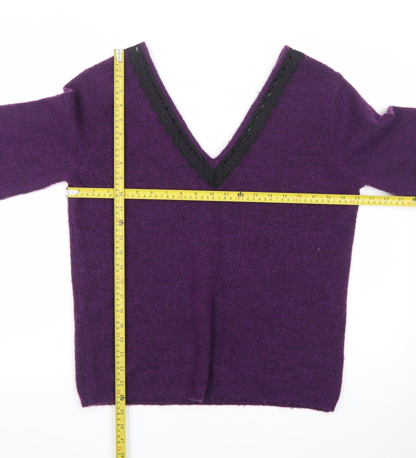 Monsoon Women’s Purple Wool V-Neck Lace Trim Jumper M
