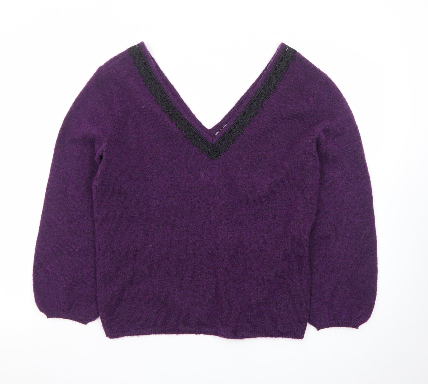Monsoon Women’s Purple Wool V-Neck Lace Trim Jumper M