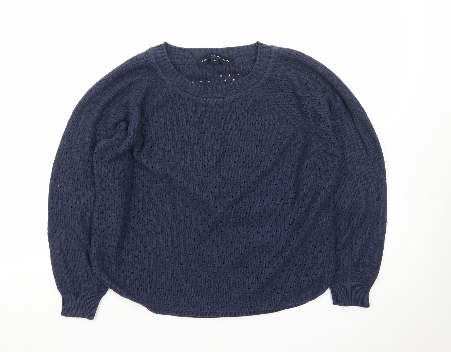 French Connection Women Blue M Open-Knit Cotton Jumper