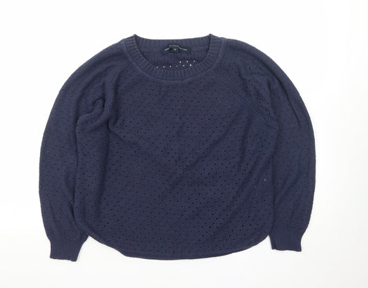 French Connection Women Blue M Open-Knit Cotton Jumper