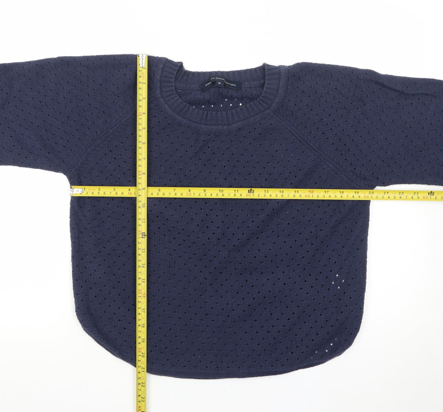 French Connection Women Blue M Open-Knit Cotton Jumper