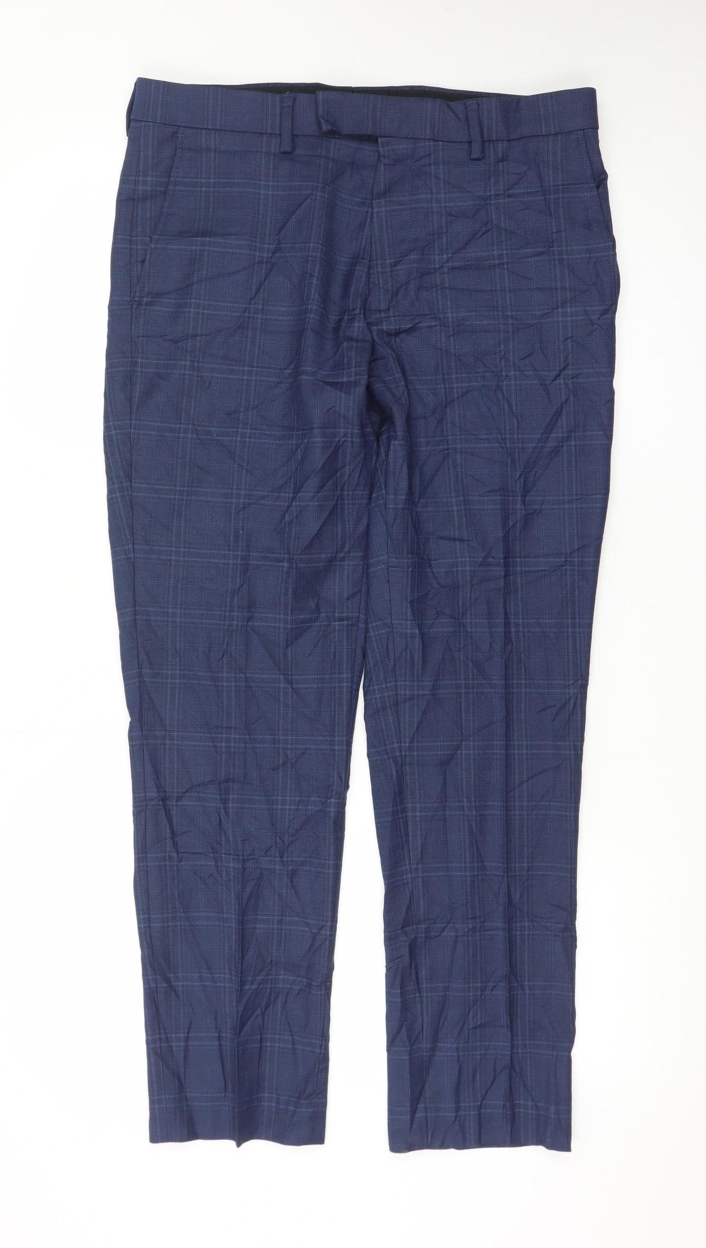 Marks and Spencer Men's Blue Check Slim Fit Formal Trousers 32W 29L