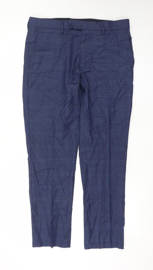 Marks and Spencer Men's Blue Check Slim Fit Formal Trousers 32W 29L