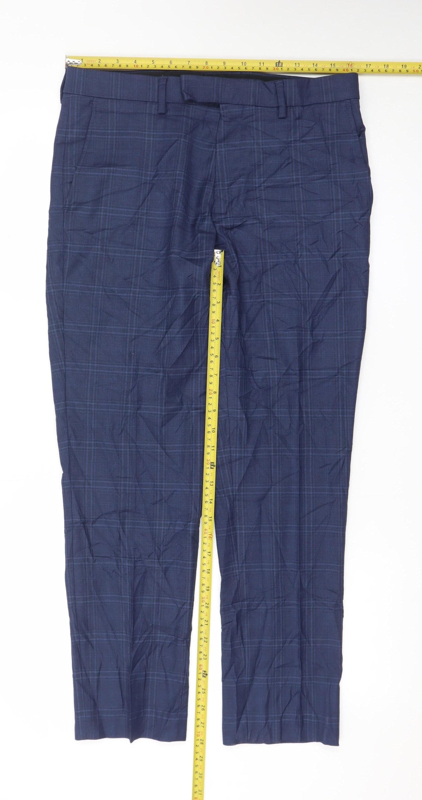 Marks and Spencer Men's Blue Check Slim Fit Formal Trousers 32W 29L