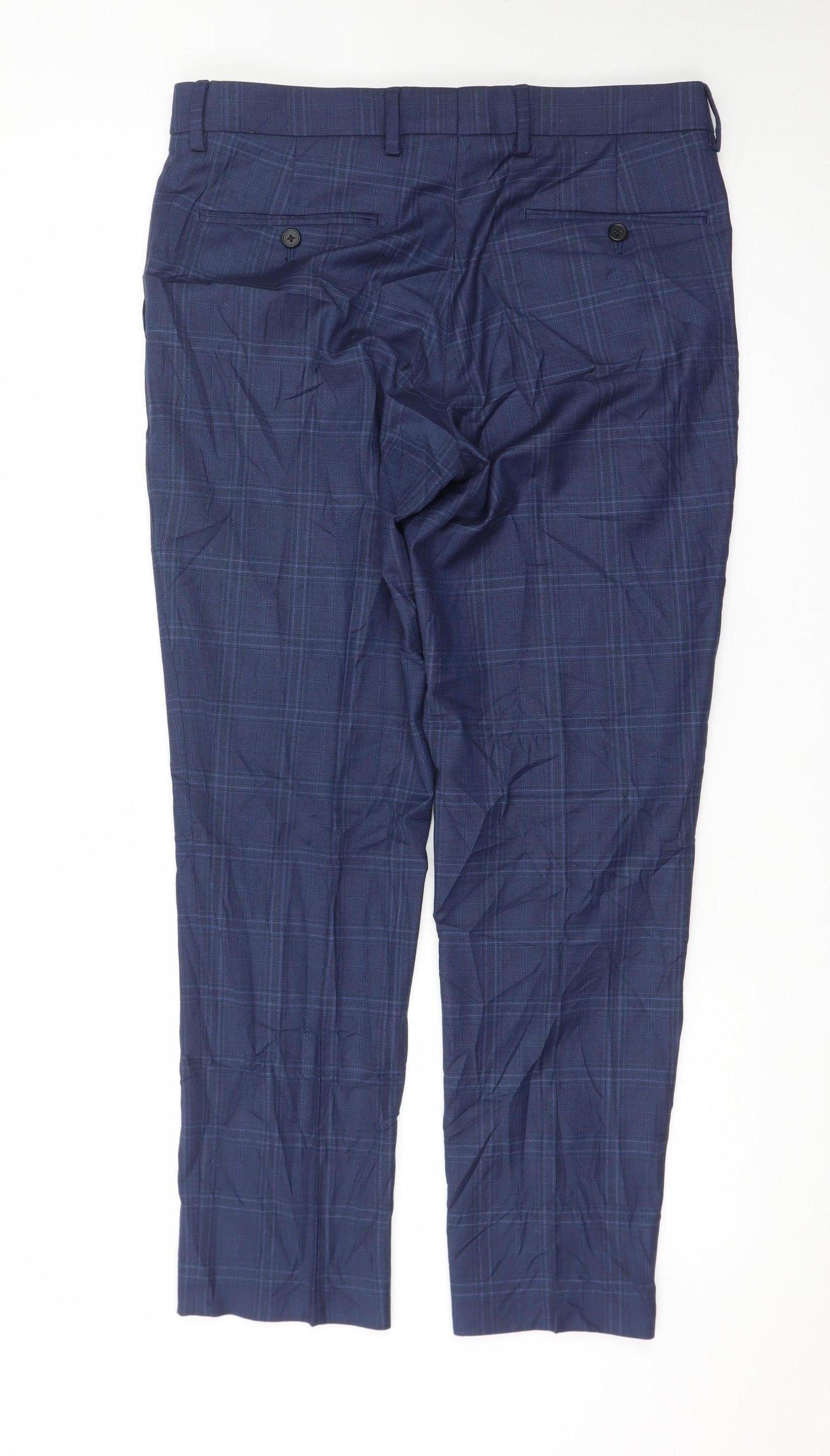 Marks and Spencer Men's Blue Check Slim Fit Formal Trousers 32W 29L