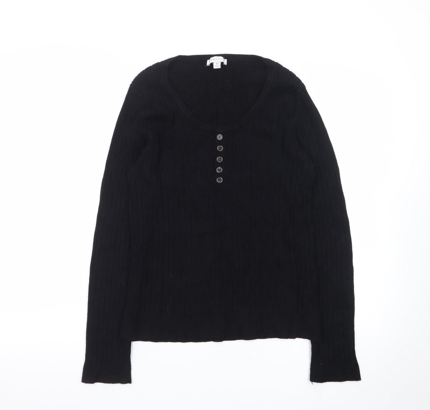 Warehouse Women's Black Henley Jumper Size 16 Long Sleeve Cotton Knit