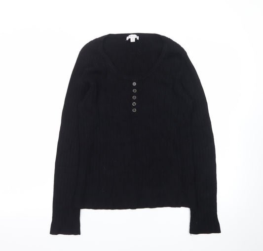 Warehouse Women's Black Henley Jumper Size 16 Long Sleeve Cotton Knit