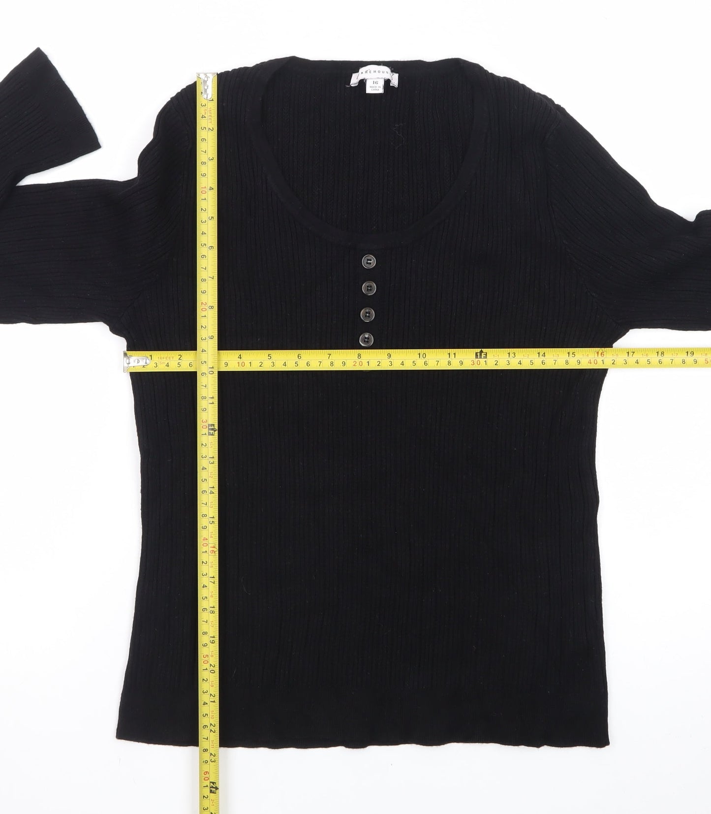 Warehouse Women's Black Henley Jumper Size 16 Long Sleeve Cotton Knit