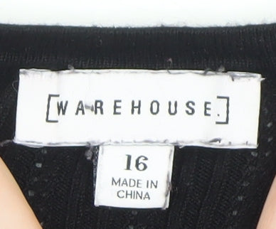 Warehouse Women's Black Henley Jumper Size 16 Long Sleeve Cotton Knit