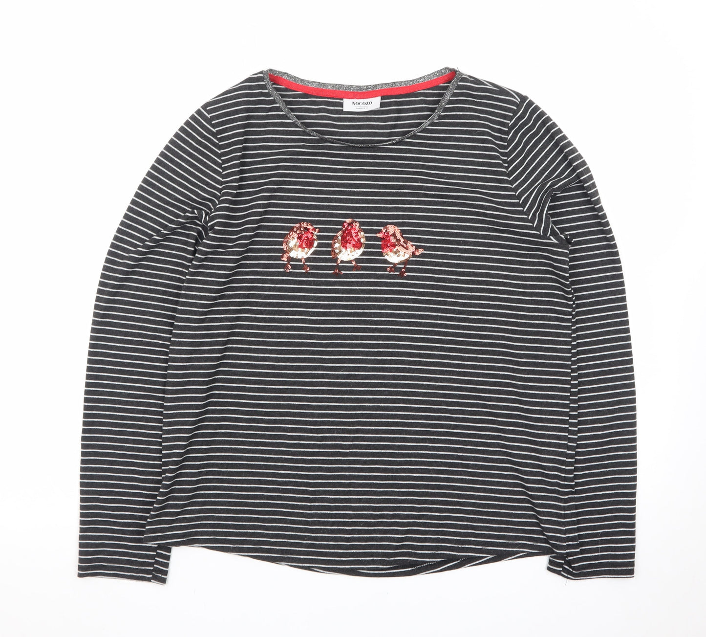 Nocozo Womens Black Striped Sequin Bird Long Sleeve T-Shirt UK 14