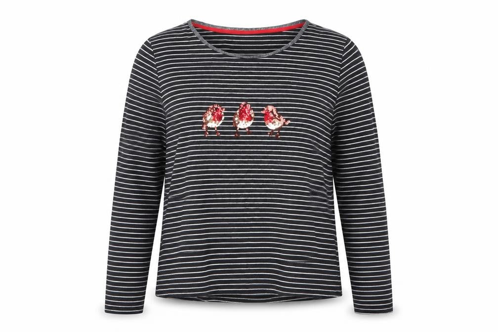 Nocozo Womens Black Striped Sequin Bird Long Sleeve T-Shirt UK 14