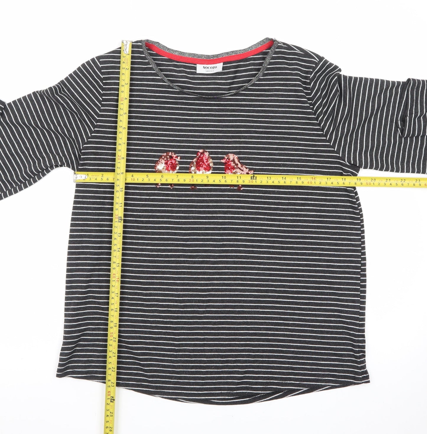 Nocozo Womens Black Striped Sequin Bird Long Sleeve T-Shirt UK 14