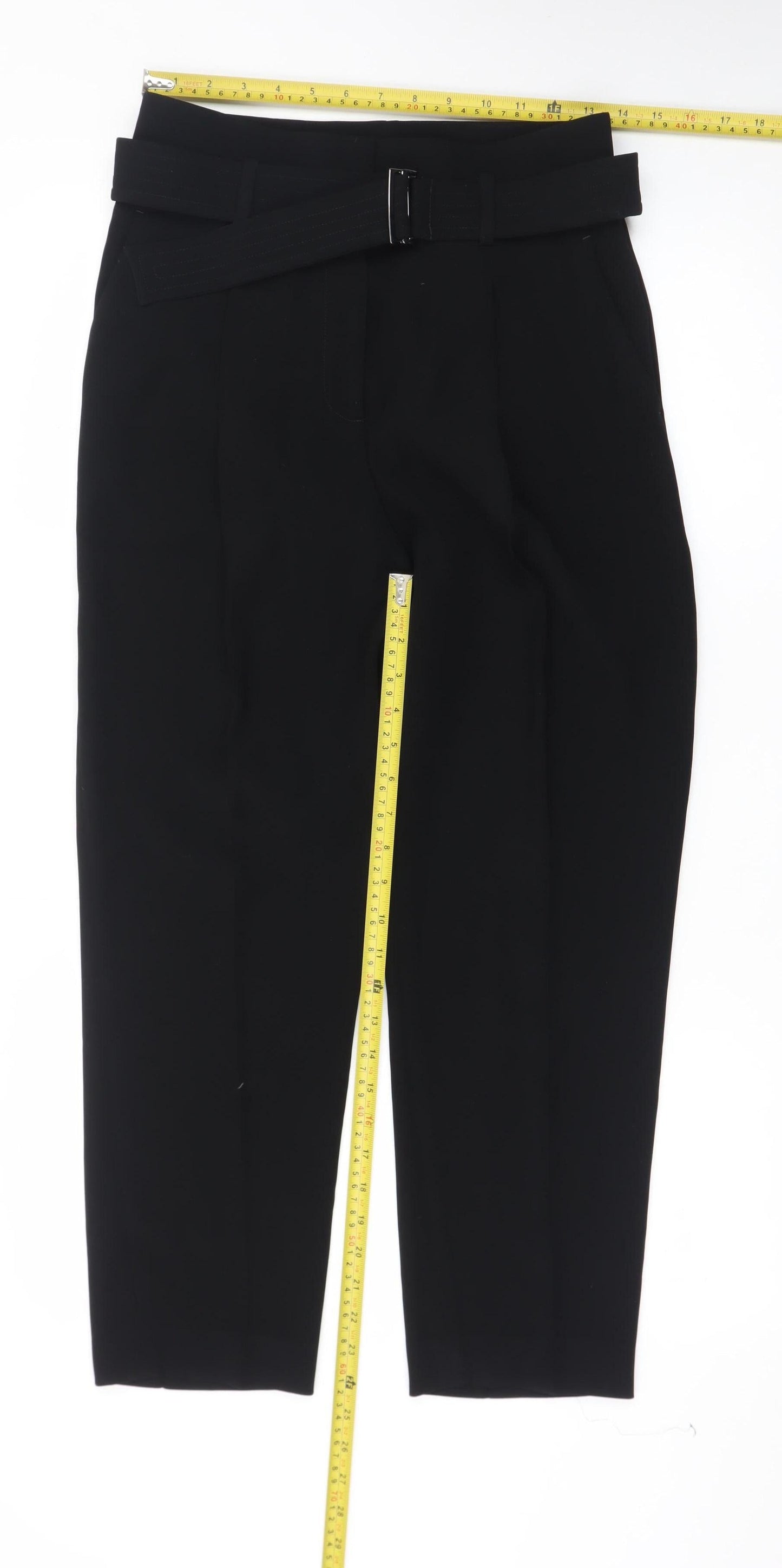 Reiss Women Black Cropped Belted Tapered Tailored Trousers UK 6