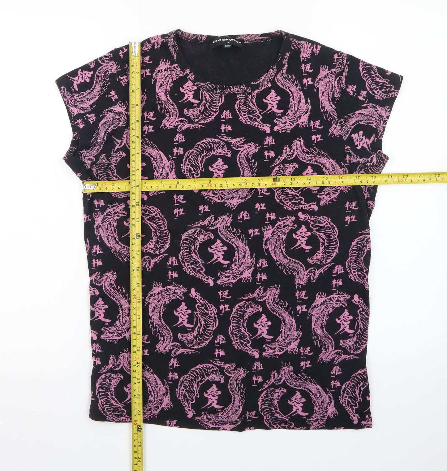 NEW girl ORDER Womens Black Dragon Print T-Shirt Size 14