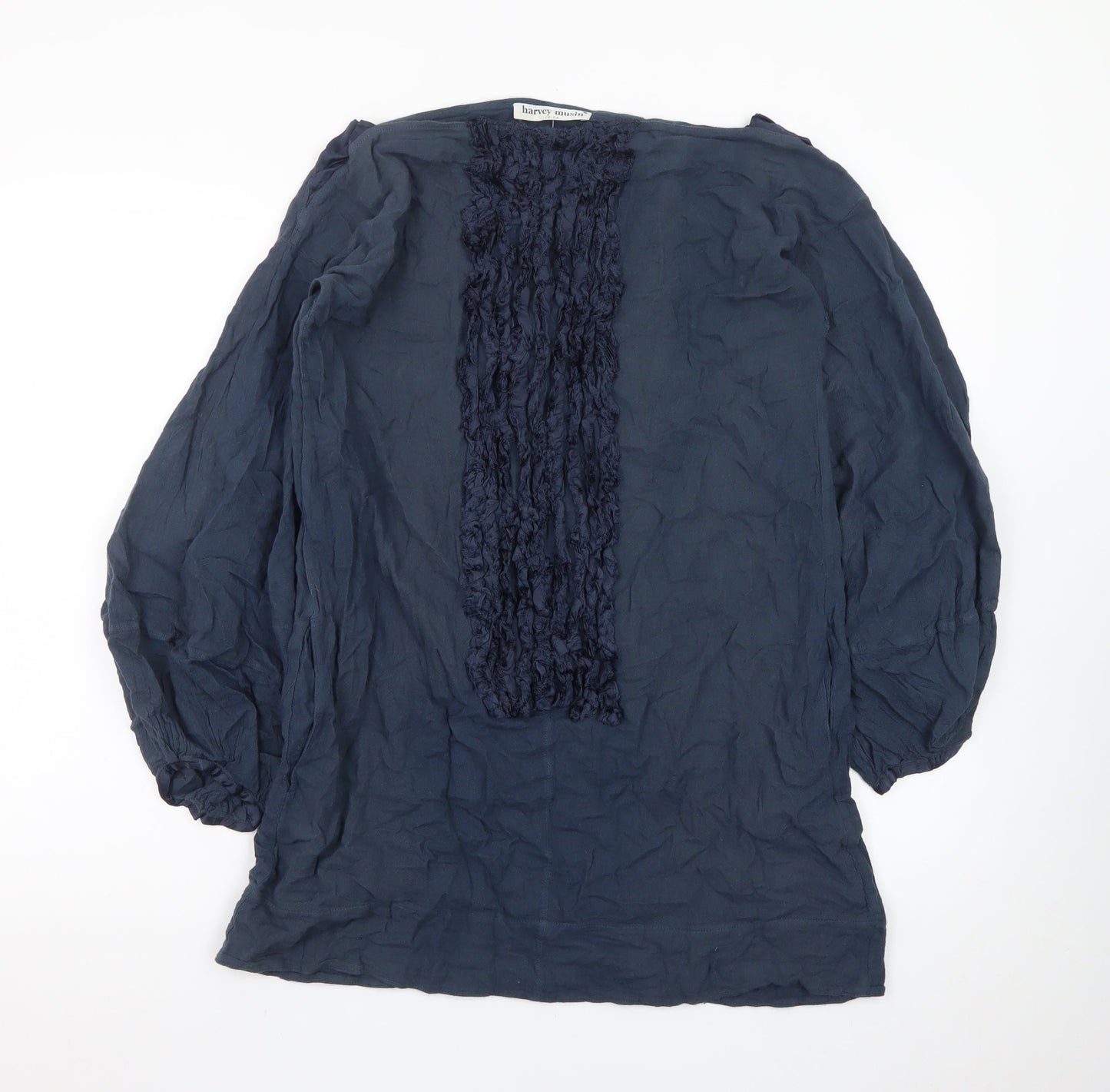 Harvey Musin Ibiza Blue Cotton Shift Dress Women’s M Boho Ruffle Long Sleeve