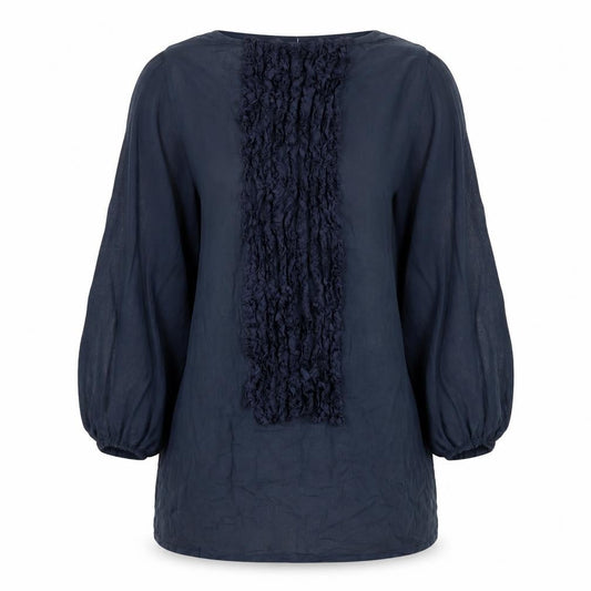 Harvey Musin Ibiza Blue Cotton Shift Dress Women’s M Boho Ruffle Long Sleeve