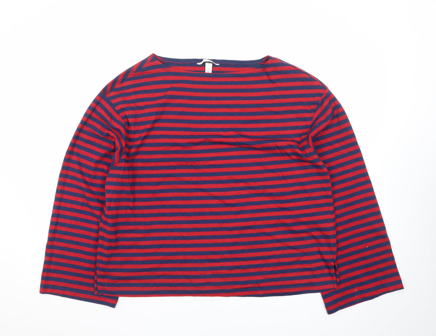 H&M Men's Red and Navy Striped Long Sleeve Cotton T-Shirt Size S