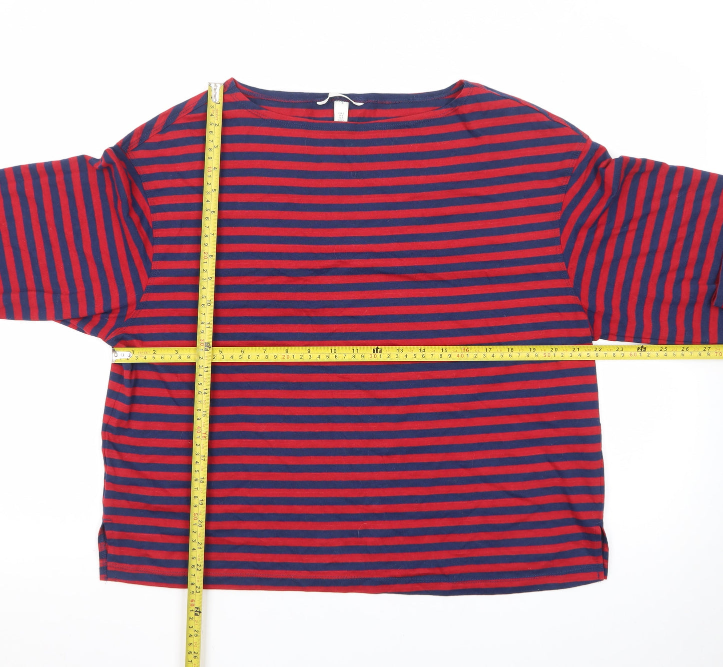 H&M Men's Red and Navy Striped Long Sleeve Cotton T-Shirt Size S