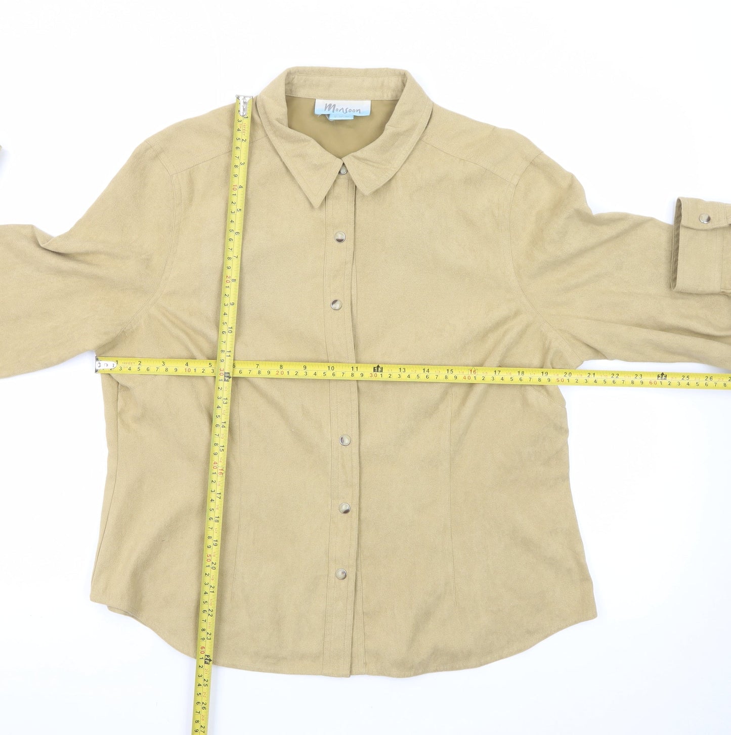 Monsoon Women Beige Suede Button-Up Long Sleeve Shirt Size 18