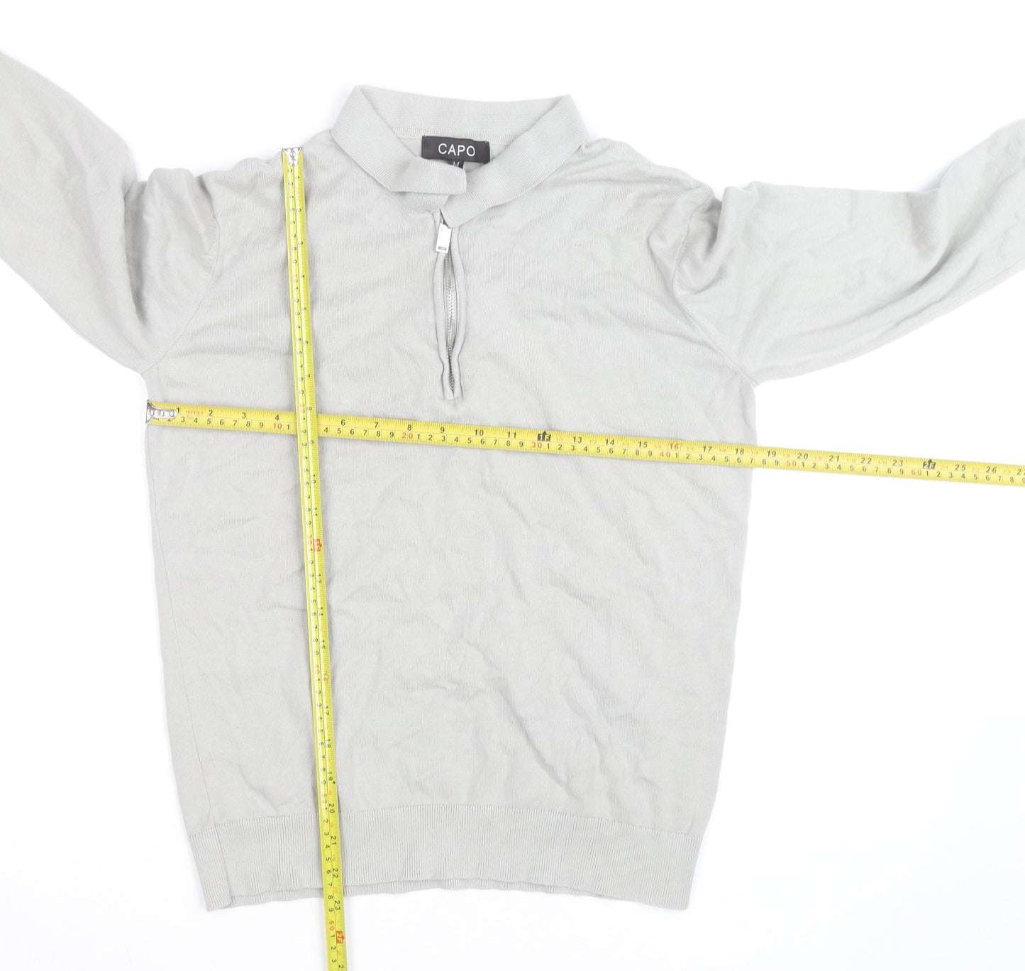 CAPO Men's Grey Cotton Half Zip Long Sleeve Casual Top Size M