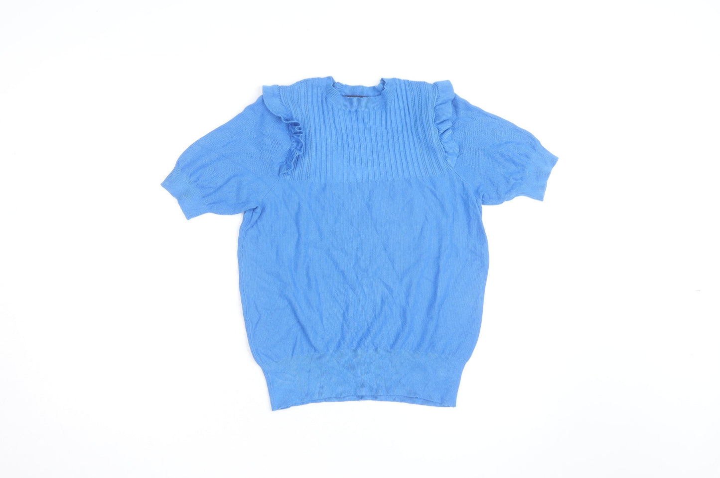 Marks and Spencer Women's Blue Short Sleeve Ruffle Knit Jumper Size M