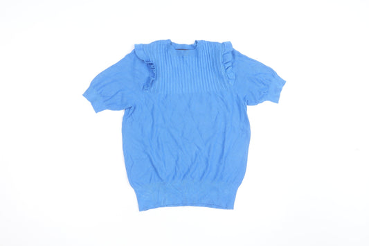 Marks and Spencer Women's Blue Short Sleeve Ruffle Knit Jumper Size M
