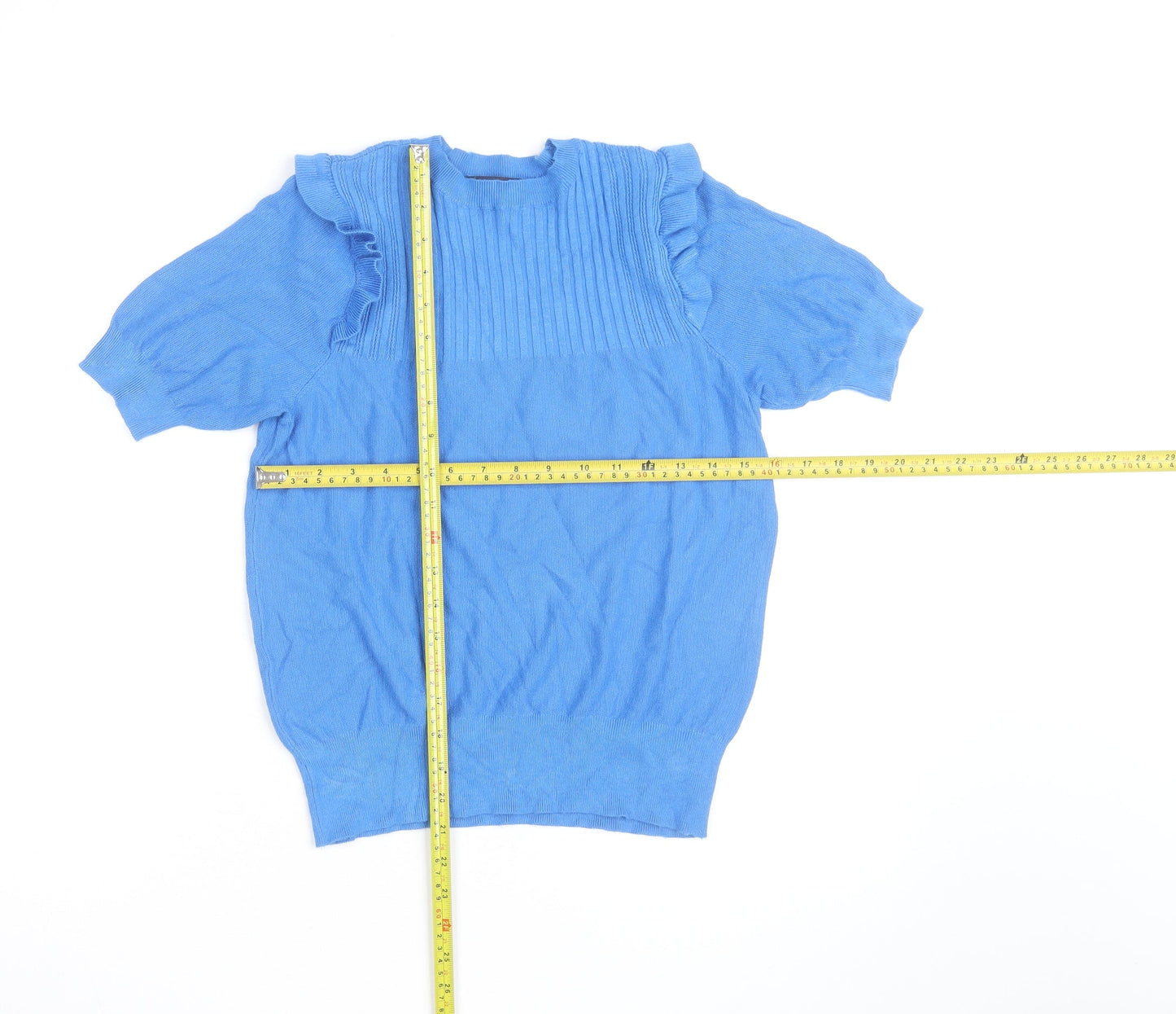 Marks and Spencer Women's Blue Short Sleeve Ruffle Knit Jumper Size M