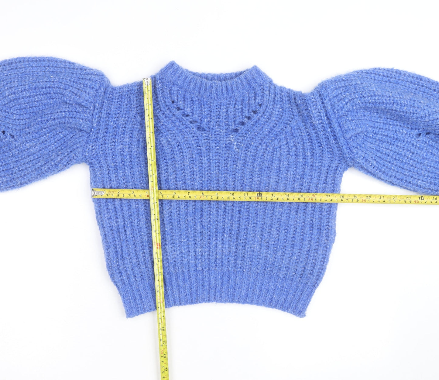 PrettyLittleThing Women Blue Chunky Knit Puff Sleeve Jumper XS