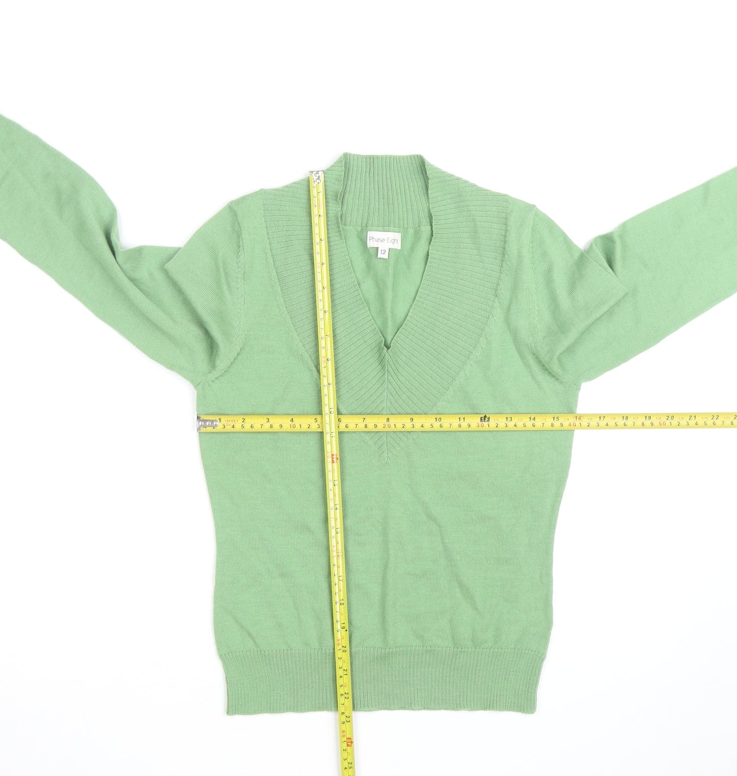 Phase Eight Women Green V-Neck Lambswool Jumper Size 12
