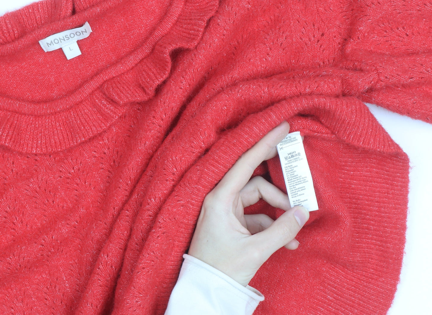 Monsoon Red Alpaca Wool Blend Ruffle Neck Jumper L Unisex