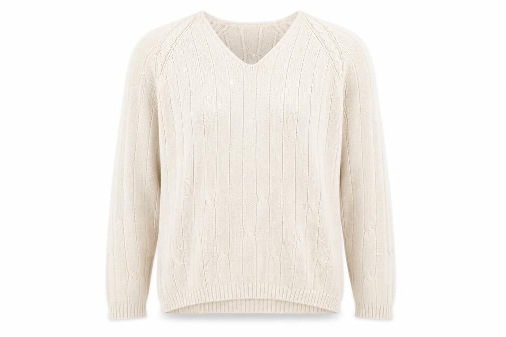 Jumper Men's Beige Cotton V-Neck Cable-Knit Pullover L