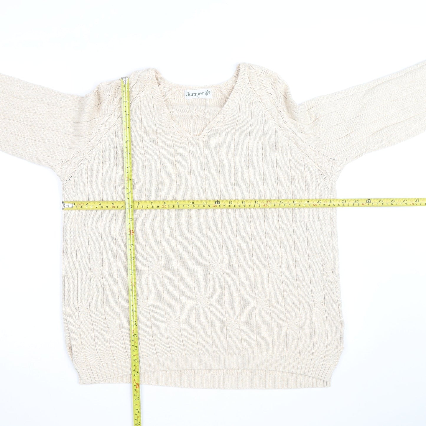 Jumper Men's Beige Cotton V-Neck Cable-Knit Pullover L
