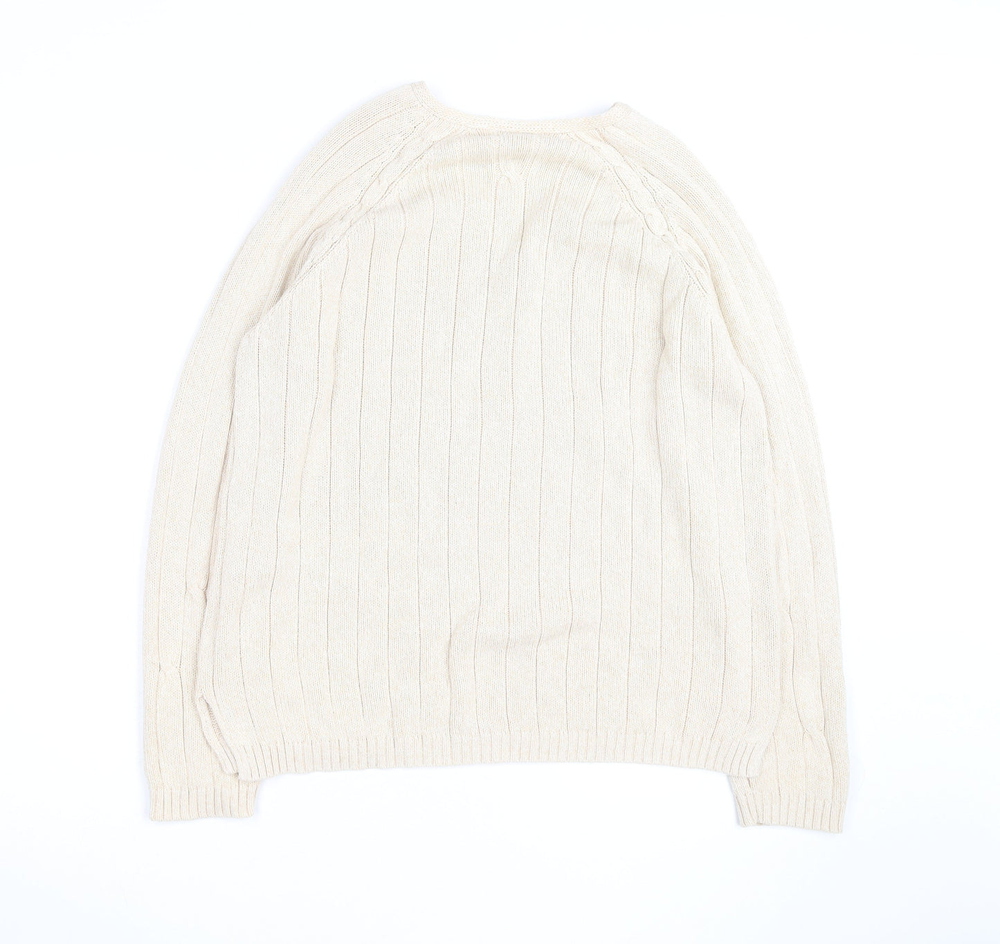 Jumper Men's Beige Cotton V-Neck Cable-Knit Pullover L