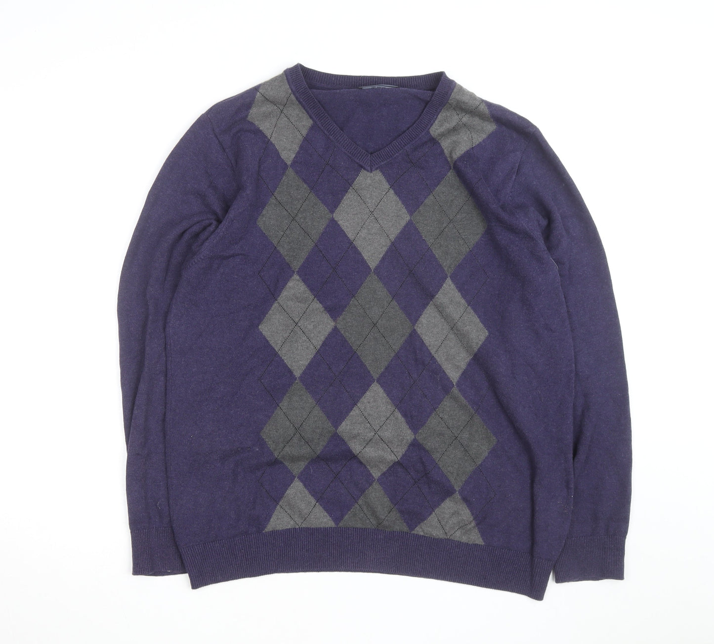 Maine New England Men's Purple Argyle V-Neck Cotton Jumper Medium